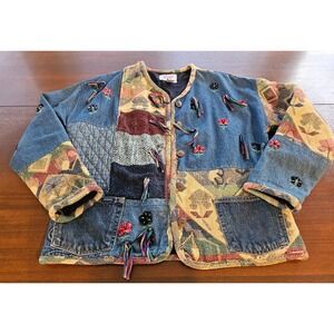 Keren Hart Denim Jacket Embroidered Flowers Tapestry Patchwork Boho Hippie Small